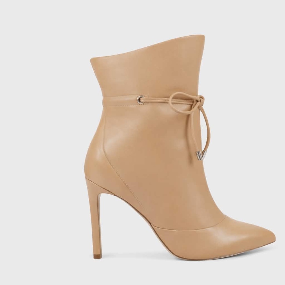 NWT Box Sz 8. Nine West Tan Leather “Tirzah” Almond Toe Stiletto Boot Tie Detail - Picture 3 of 8